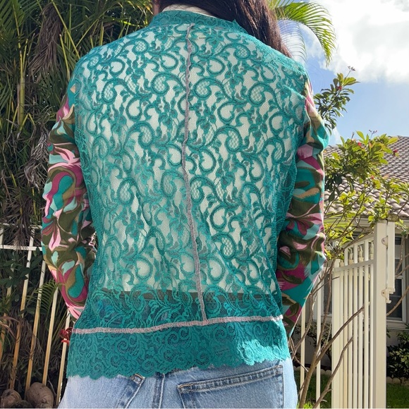 Susan Bristol Sheer Lace Sequin Turquoise Pink Front Zipper Blazer Jacket Blouse - Picture 3 of 9